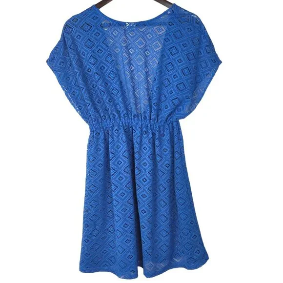 Wave Zone Blue Crochet Tie Waist V-Neck Beach Swimsuit Coverup Plus Size 1X - Picture 4 of 7